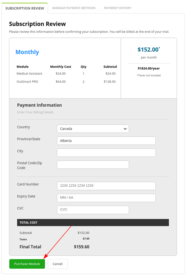How do I pay for my subscription - payment panel on the subscription page showing credit card fields a button to complete the subscription process.